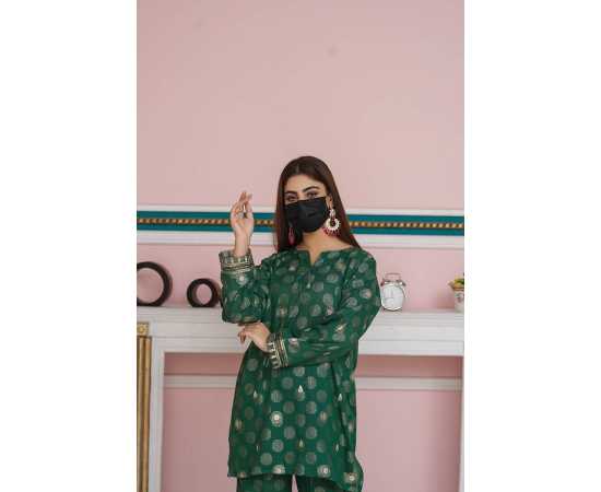 Embroidered Boat Neckline with V-Cut Jacquard Full Sleeves 2-Piece Dress Embroidered Boat Neckline with V-Cut Jacquard Full Sleeves 2-Piece Dress