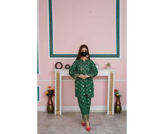 Embroidered Boat Neckline with V-Cut Jacquard Full Sleeves 2-Piece Dress Embroidered Boat Neckline with V-Cut Jacquard Full Sleeves 2-Piece Dress