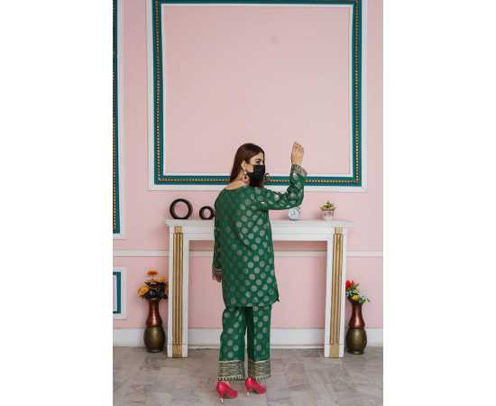Embroidered Boat Neckline with V-Cut Jacquard Full Sleeves 2-Piece Dress Embroidered Boat Neckline with V-Cut Jacquard Full Sleeves 2-Piece Dress