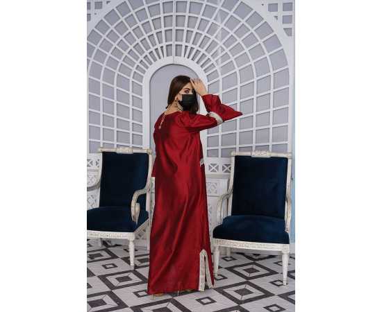 Embroidered Round Neckline Khadi Viscose Fabric Long Sleeves Stylish Jalabiya Dress Embroidered Round Neckline Khadi Viscose Fabric Long Sleeves Stylish Jalabiya Dress
