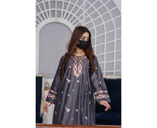 Embroidered Boat Neckline Khadi Viscose Fabric Long Sleeves Stylish Jalabiya Dress Embroidered Boat Neckline Khadi Viscose Fabric Long Sleeves Stylish Jalabiya Dress