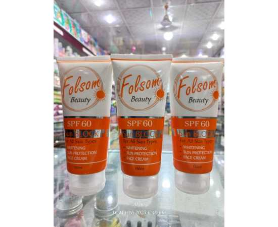 Product Description:
UV Rays Protection

The Folsom Sun Block SPF 60 is perfect for UV-ray protection. You can use it on your face and body to protect yourself from the sun. An amazing cream to protect from sun tan.
Skin Types
The Folsom Sun Block SPF 60 is suitable for all skin types. From oily, combination to sensitive skin. Every woman can use this sunscreen on her face and body. It does not cause any reaction to the face and body.
Removes Excess Oil
The Folsom sunblock removes excess oil from the face. You can use it as a primer before makeup. It perfectly blends the foundation on the skin. Moreover, it can also be used as a foundation because it brightens the skin.
