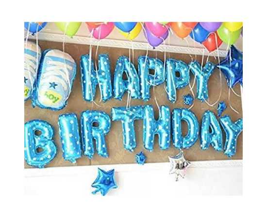 Blue with White Dots 13 Pcs Happy Birthday Foil Balloons Set