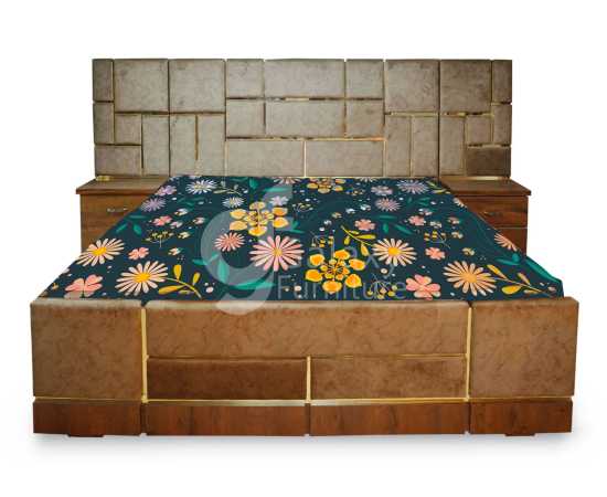 Galaxy Modern  Bed  Turkish Fabric cushioning with 02 Side Tables without Mattress.
