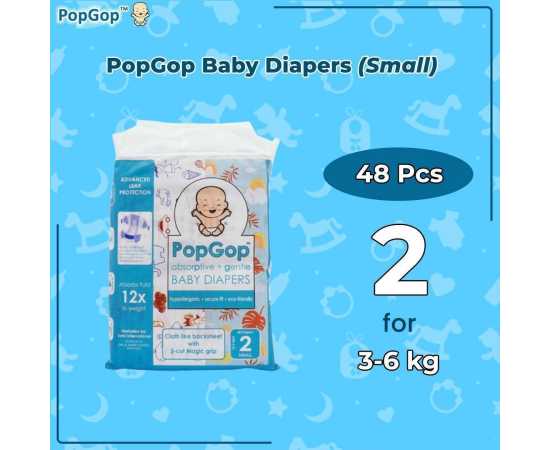 PopGop Baby Diapers Small Size 2 For 3-6 KG - Pack of 48 Pcs