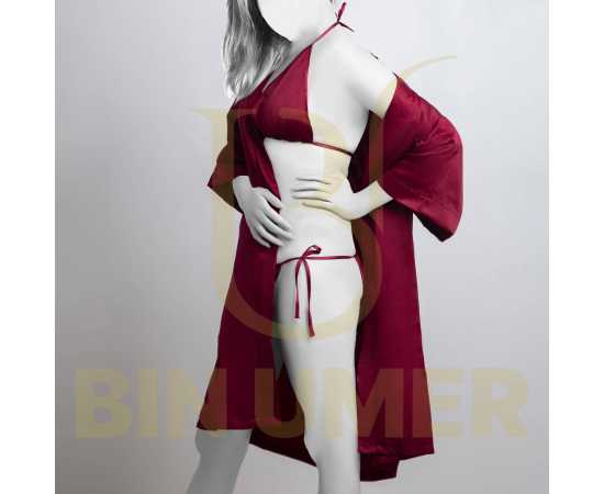 Bin Umer 3 PCS Western Bridal Honeymoon Nighty set For Women - Maroon