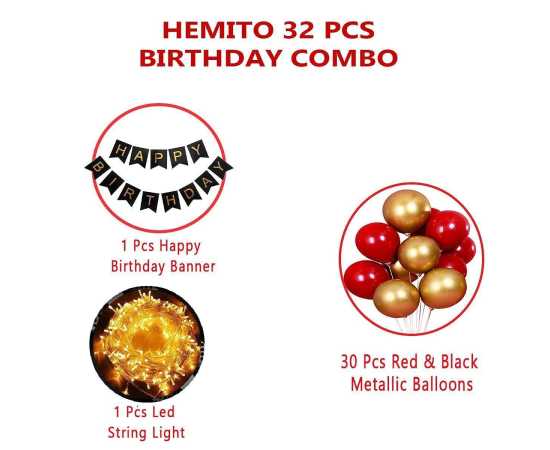 32 PCS Combo Of Happy Birthday Banner With Led Lights & Balloons