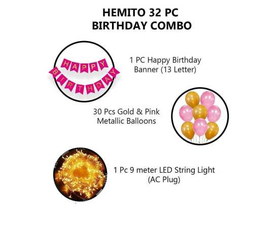 32 PCS Combo Of Happy Birthday Banner With Led Lights & Balloons