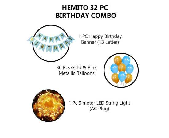 32 PCS Combo Of Happy Birthday Banner With Led Lights & Balloons
