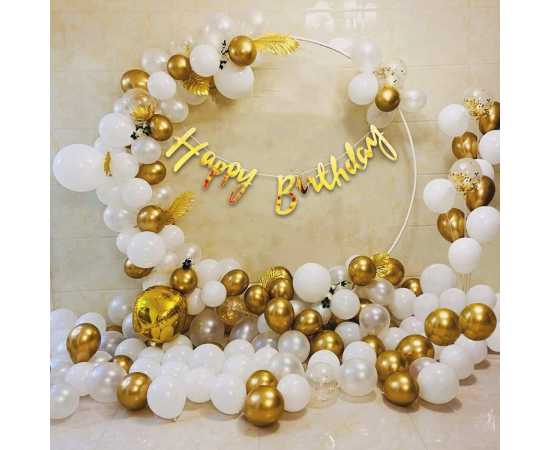 Lovely White And Golden Happy Birthday Theme Balloons Set