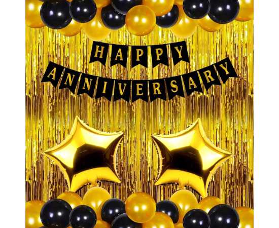 Golden And Black Happy Anniversary Decoration Theme Balloons Set