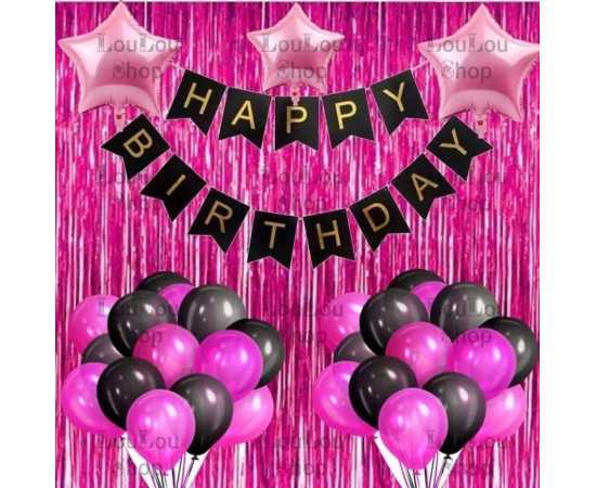 Black Banner And Pink Happy Birthday Theme Balloons Set