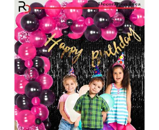 Pink And Black Happy Birthday Theme Balloons Set