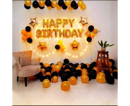 Happy Birthday Golden & Black Decoration Set With Combo Of Fairy Light