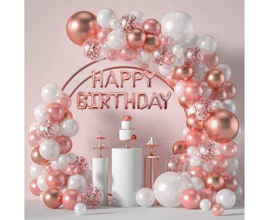White And Rose Gold Happy Birthday Theme Decor Balloons Set
