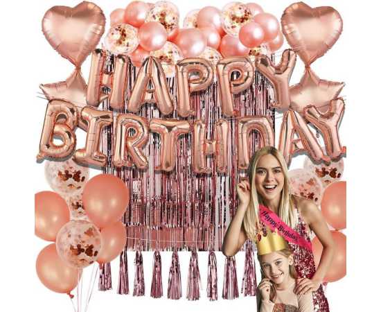 Charming Rose Gold Happy Birthday Theme Balloons Set For Party