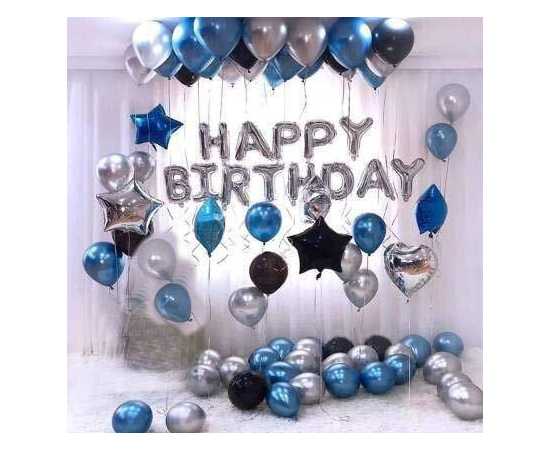 Silver & Blue Happy Birthday Foil Balloon Set For Birthday Party