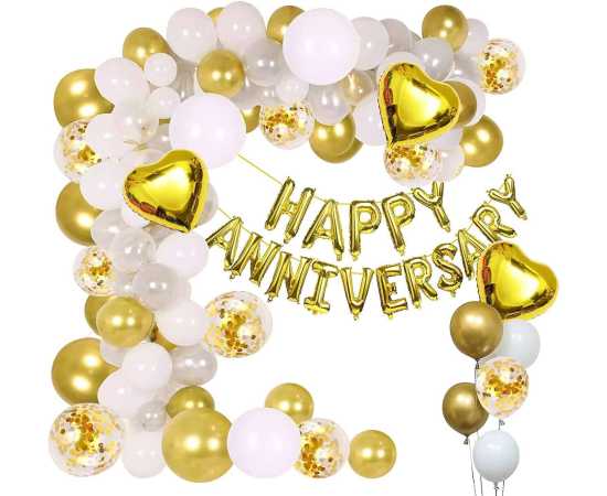 White And Golden Happy Anniversary Decorations Foil Balloon Set