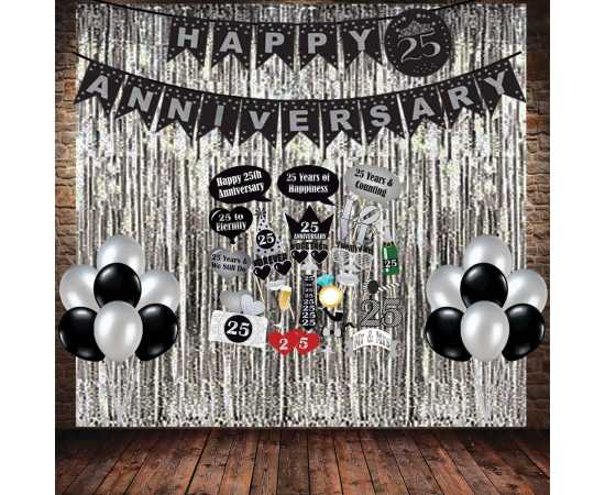 Happy Anniversary Gold & Black Decoration Set With Banner Curtain & Balloons