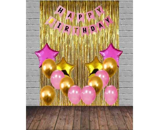 Beautiful Golden And Pink Birthday Decoration Balloons Set