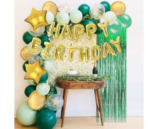 Green And Golden Happy Birthday Theme Balloons Set
