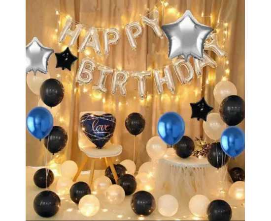 Happy Birthday Silver And Black Theme Balloons Set