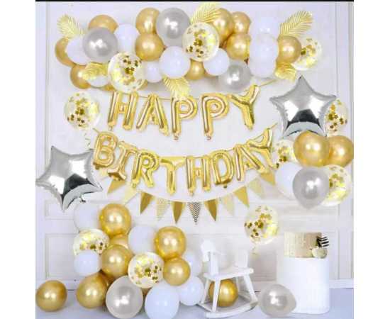 Happy Birthday Golden & White Complete Theme Balloons Set