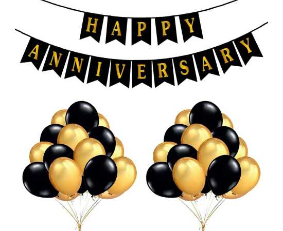 Happy Anniversary Gold & Black Decoration Set With Banner Curtain & Balloons