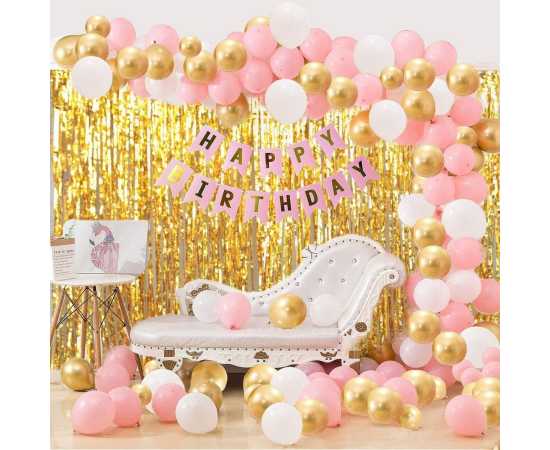 Happy Birthday Pink & Golden Theme Decoration Balloons Set