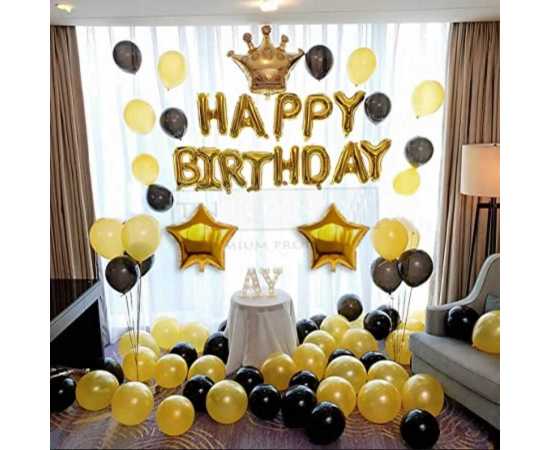 Crown Gold  & Black Happy Birthday Foil Balloons Set