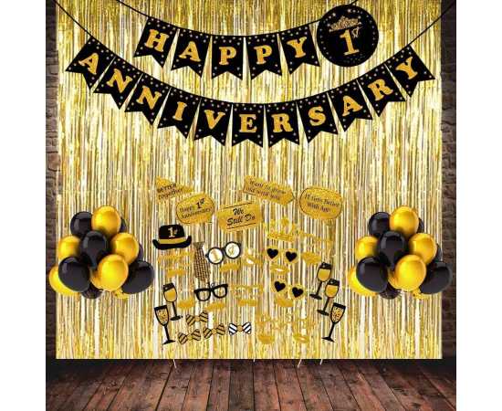 Happy Anniversary Gold & Black Decoration Set With Banner Curtain & Balloons
