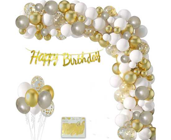 Golden And White Happy Birthday Theme Balloons Set