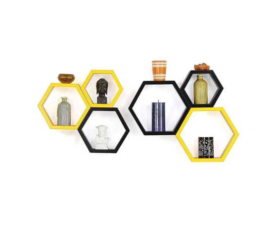 Awesome Deco Painted Wooden Hexagon Wall Shelf For Living Room (Set Of 6)