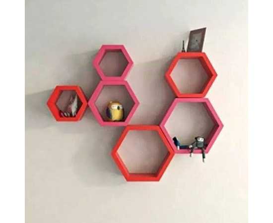 Awesome Deco Painted Wooden Hexagon Wall Shelf For Living Room (Set Of 6)