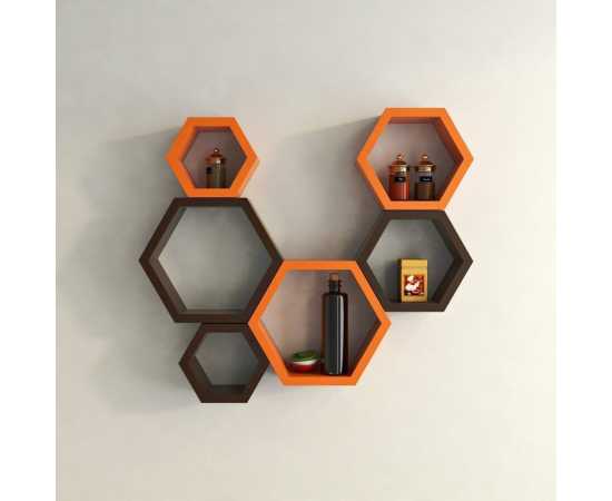 Awesome Deco Painted Wooden Hexagon Wall Shelf For Living Room (Set Of 6)