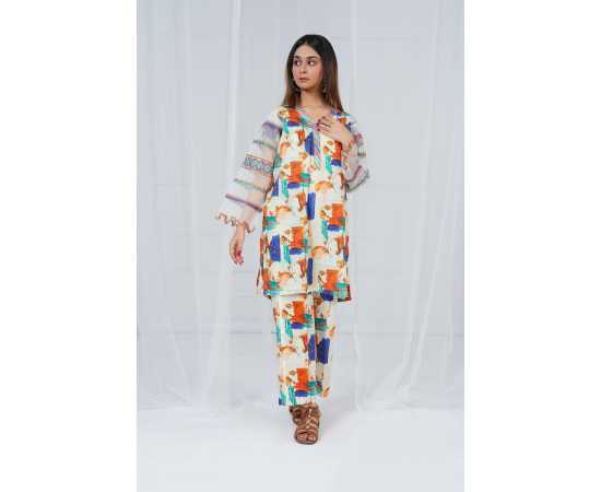 Fully Embroidered Sleeves V-Neck Abstract Print 2-Piece Stitched Suit - Orange Fully Embroidered Sleeves V-Neck Abstract Print 2-Piece Stitched Suit - Orange