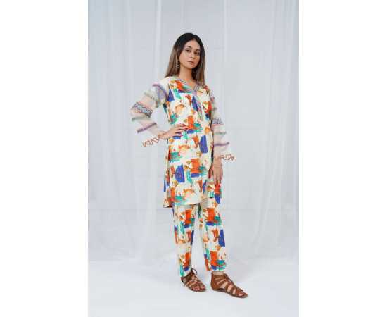 Fully Embroidered Sleeves V-Neck Abstract Print 2-Piece Stitched Suit - Orange Fully Embroidered Sleeves V-Neck Abstract Print 2-Piece Stitched Suit - Orange