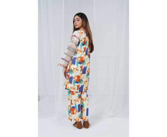Fully Embroidered Sleeves V-Neck Abstract Print 2-Piece Stitched Suit - Orange Fully Embroidered Sleeves V-Neck Abstract Print 2-Piece Stitched Suit - Orange