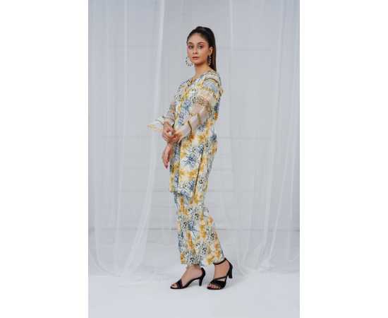 Fully Embroidered Sleeves V-Neck Abstract Print 2-Piece Stitched Suit - Yellow Fully Embroidered Sleeves V-Neck Abstract Print 2-Piece Stitched Suit - Yellow