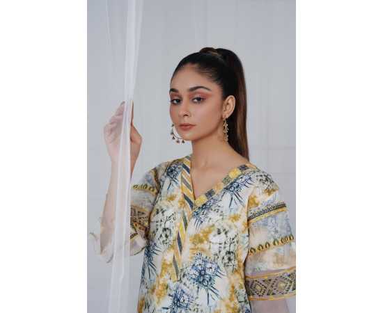 Fully Embroidered Sleeves V-Neck Abstract Print 2-Piece Stitched Suit - Yellow Fully Embroidered Sleeves V-Neck Abstract Print 2-Piece Stitched Suit - Yellow