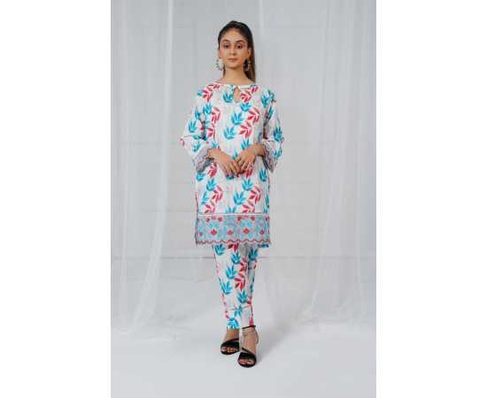 Embroidered Shirt and Sleeves Keyhole Neck Leaves Print 2-Piece Stitched Suit - White & Blue Embroidered Shirt and Sleeves Keyhole Neck Leaves Print 2-Piece Stitched Suit - White & Blue