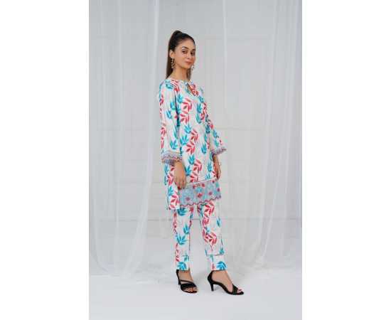 Embroidered Shirt and Sleeves Keyhole Neck Leaves Print 2-Piece Stitched Suit - White & Blue Embroidered Shirt and Sleeves Keyhole Neck Leaves Print 2-Piece Stitched Suit - White & Blue