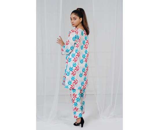 Embroidered Shirt and Sleeves Keyhole Neck Leaves Print 2-Piece Stitched Suit - White & Blue Embroidered Shirt and Sleeves Keyhole Neck Leaves Print 2-Piece Stitched Suit - White & Blue