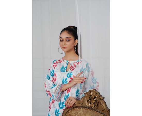 Embroidered Shirt and Sleeves Keyhole Neck Leaves Print 2-Piece Stitched Suit - White & Blue Embroidered Shirt and Sleeves Keyhole Neck Leaves Print 2-Piece Stitched Suit - White & Blue