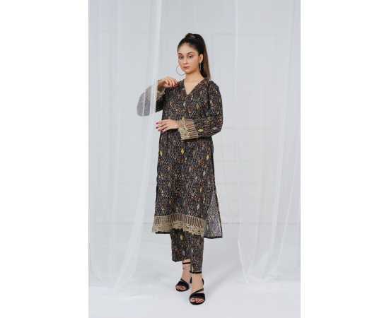 Embroidered Shirt and Trouser V-Neck Geometry Print 2-Piece Stitched Suit - Black Embroidered Shirt and Trouser V-Neck Geometry Print 2-Piece Stitched Suit - Black