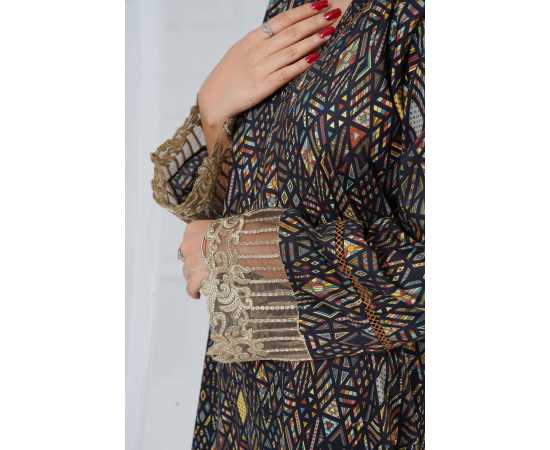 Embroidered Shirt and Trouser V-Neck Geometry Print 2-Piece Stitched Suit - Black Embroidered Shirt and Trouser V-Neck Geometry Print 2-Piece Stitched Suit - Black