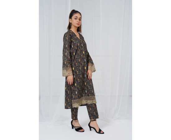 Embroidered Shirt and Trouser V-Neck Geometry Print 2-Piece Stitched Suit - Black Embroidered Shirt and Trouser V-Neck Geometry Print 2-Piece Stitched Suit - Black