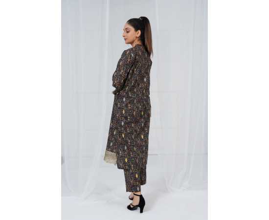 Embroidered Shirt and Trouser V-Neck Geometry Print 2-Piece Stitched Suit - Black Embroidered Shirt and Trouser V-Neck Geometry Print 2-Piece Stitched Suit - Black
