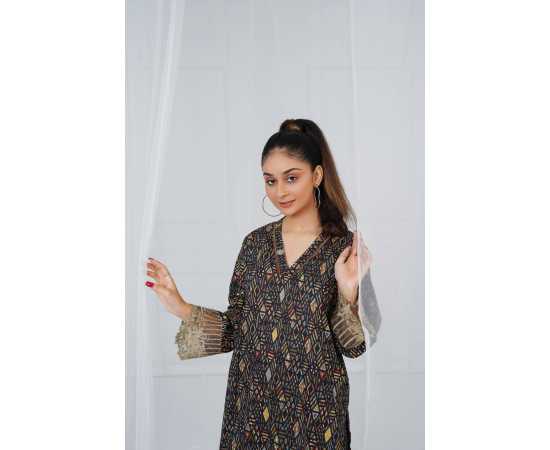 Embroidered Shirt and Trouser V-Neck Geometry Print 2-Piece Stitched Suit - Black Embroidered Shirt and Trouser V-Neck Geometry Print 2-Piece Stitched Suit - Black