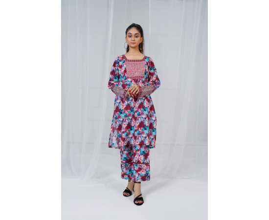 Embroidered Shirt and Trouser Square Neck Floral Print 2-Piece Stitched Suit - Blue Embroidered Shirt and Trouser Square Neck Floral Print 2-Piece Stitched Suit - Blue